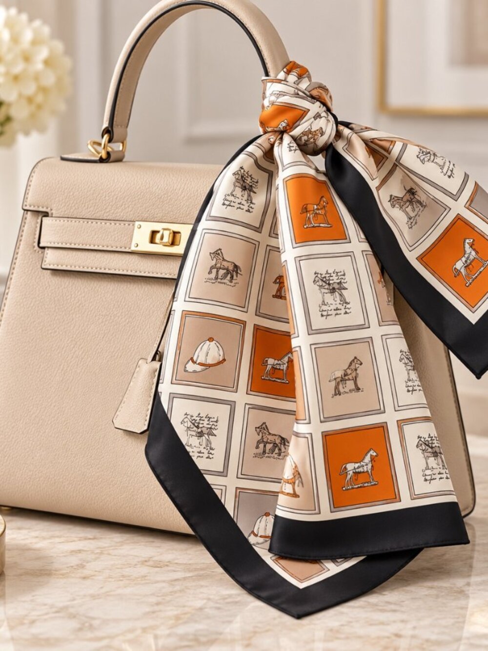 Orange Cream Equestrian Motif Square Scarf 27.6"